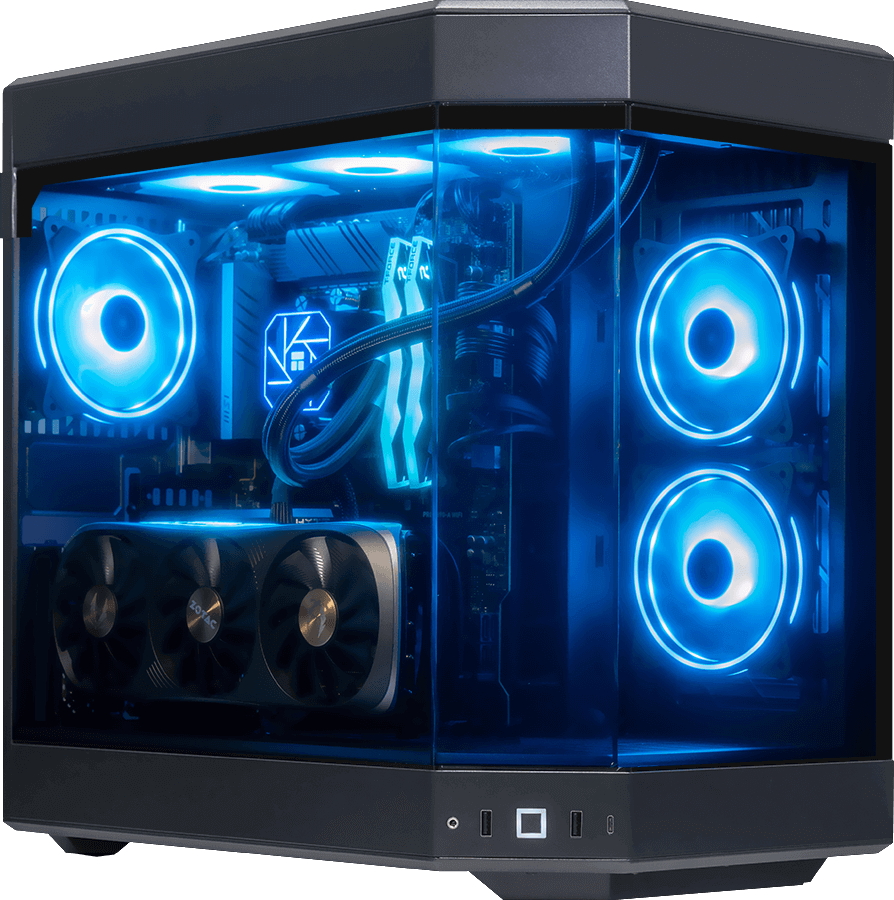 A black Hyte Y60 gaming computer with blue LED lights visible through a transparent side panel.