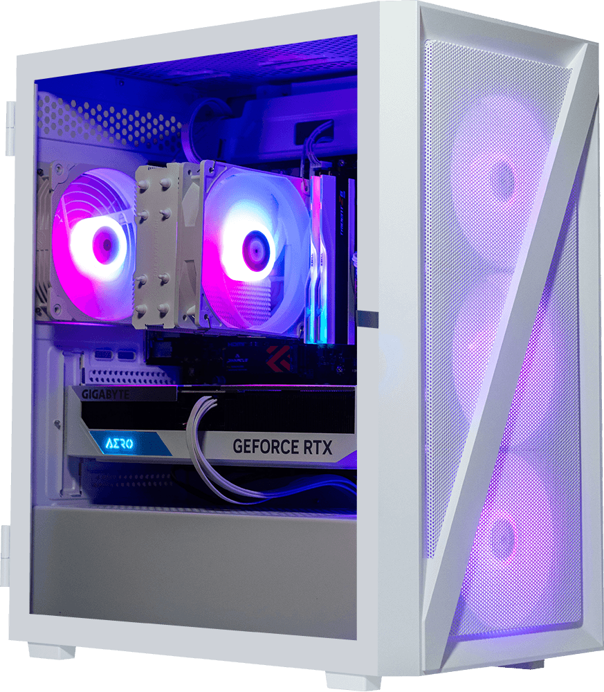 AMD Ryzen 7800X3D, 32GB DDR5 RAM, 1TB SSD, RTX 4070, 240MM AIO - Vetroo M05 - White