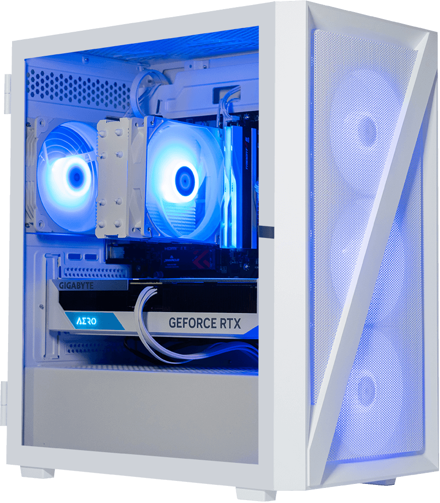 AMD Ryzen 7800X3D, 32GB DDR5 RAM, 1TB SSD, RTX 4070, 240MM AIO - Vetroo M05 - White