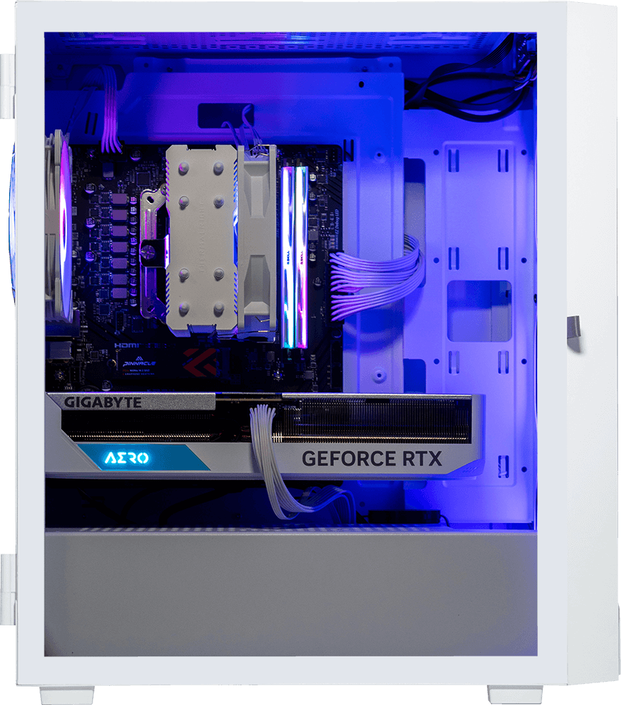 AMD Ryzen 7800X3D, 32GB DDR5 RAM, 1TB SSD, RTX 4070, 240MM AIO - Vetroo M05 - White