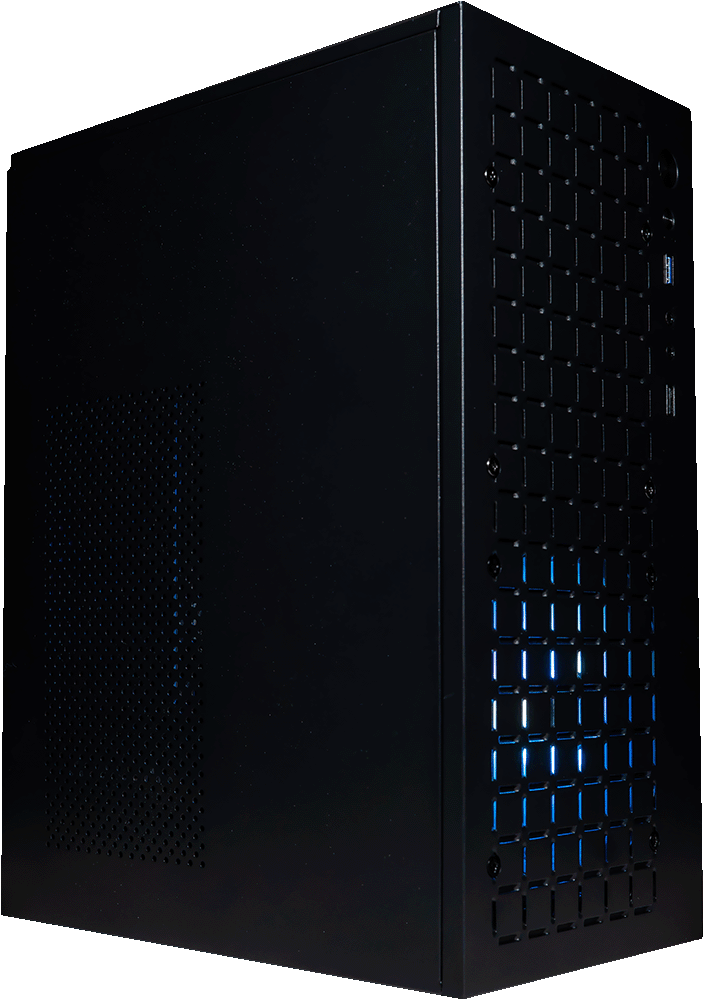 NanoBeast Black gaming PC, perforated steel case with blue lighting