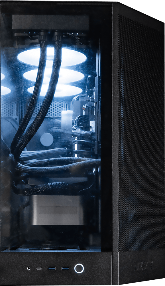 NZXT H9 Flow Black gaming PC, angled front panel