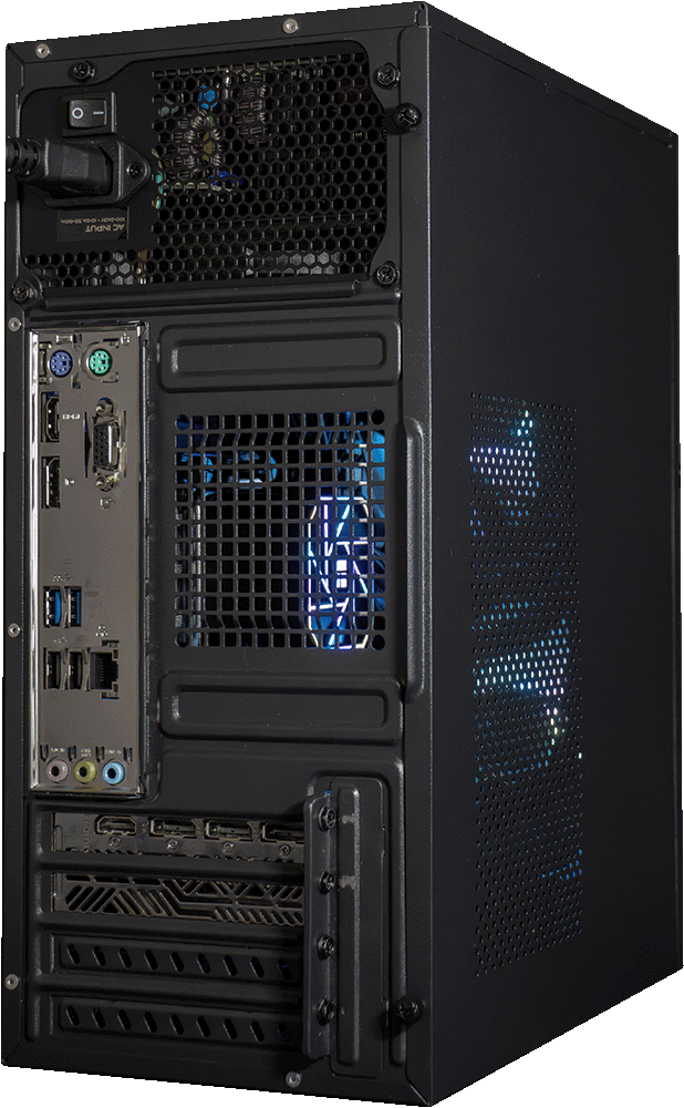 NanoBeast Black gaming PC, rear angle view