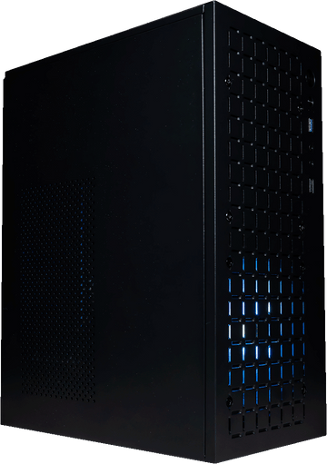 NanoBeast Black gaming PC, perforated steel case with blue lighting