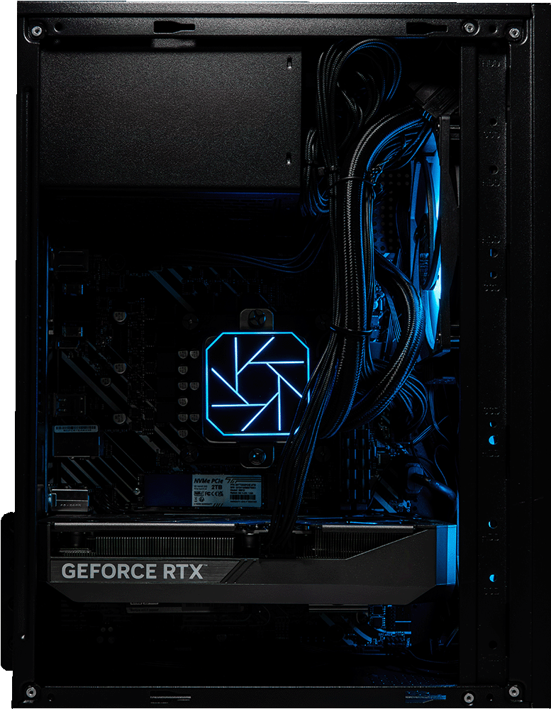 NanoBeast Black gaming PC with the side panel off, RTX graphics card and blue lighting