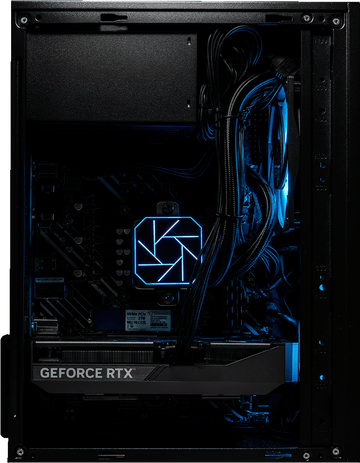 NanoBeast Black gaming PC with the side panel off, RTX graphics card and blue lighting