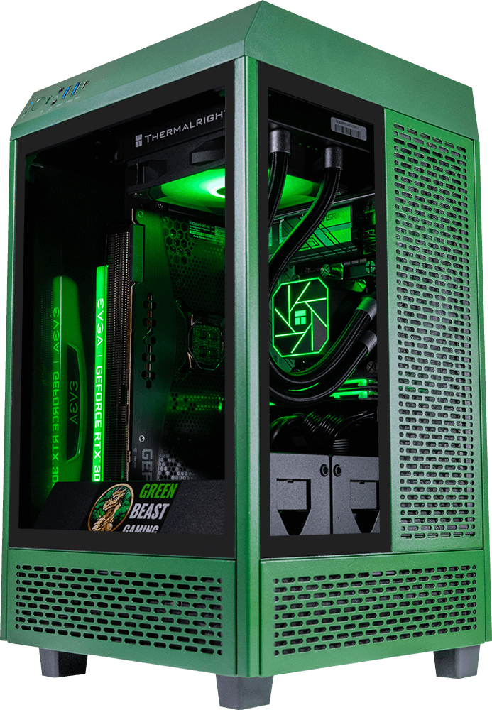 Tower 100 Mini Green, Ryzen 7 7800X3D, 32GB DDR5, 2TB, 850W, RTX 5070 12GB, Upgraded RGB Air